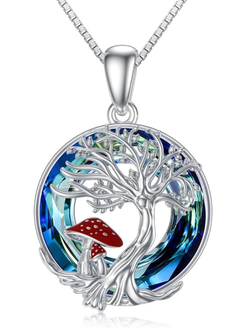 Sterling Silver Tree of Life Mushroom Pendant Necklace - Crystal Jewelry Gift